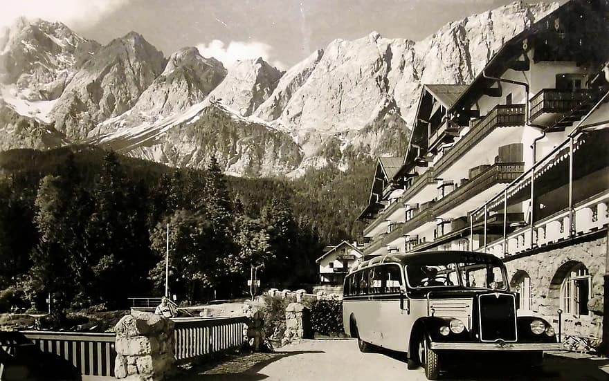 postkort, fjell, Zugspitze, toppmøte, panorama, buss, snø, stein, hus, fjelllandskap, himmel