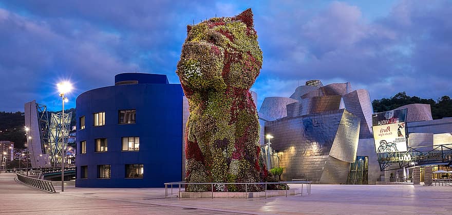 Museo, architettura, Museo Guggenheim di Bilbao, arte, facciata, cucciolo, statua del cane, Alba, tramonto, scultura, bilbao