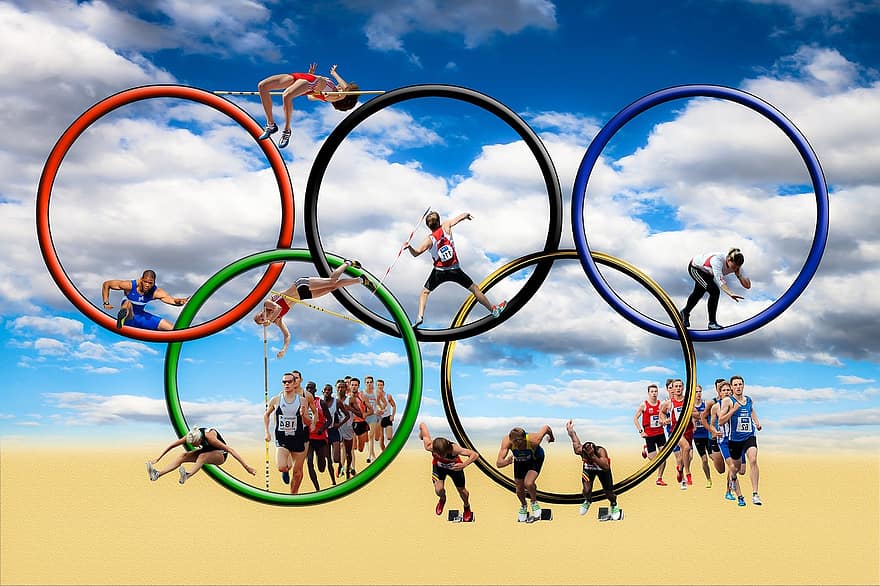 olimpia, jocs Olímpics, olimpíada, competició, esport, l'atletisme, atletes de pista i de camp, anells, blau, negre, vermell