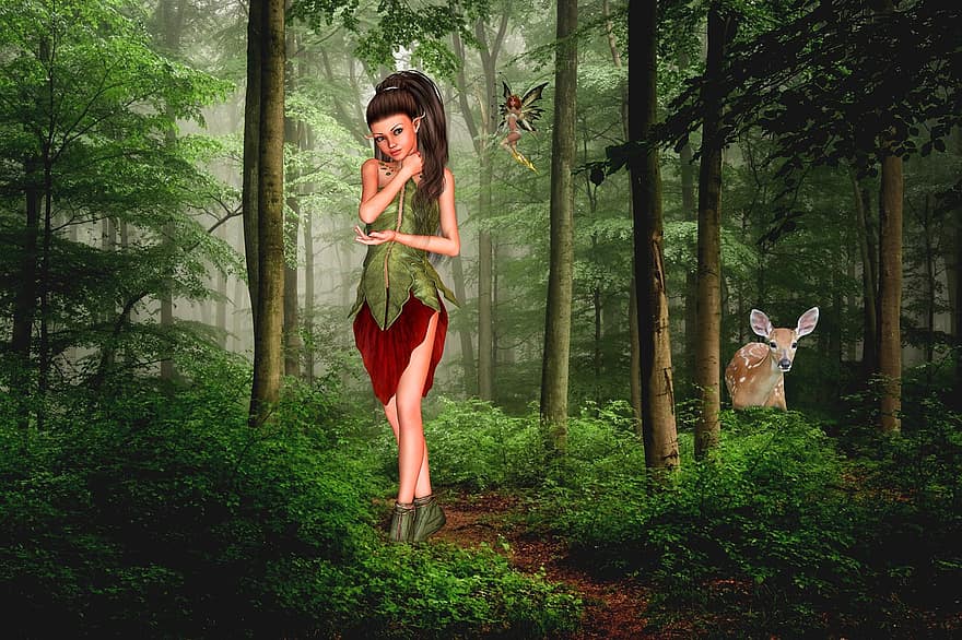 Elf, les, fantazie, Jelen, víla, žena, dívka, stromy, divočina, Příroda