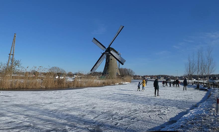 molino, patinaje sobre hielo, Países Bajos, Vlist, Apresuradamente, invierno, nieve, hielo, holandés, congelado, paisaje