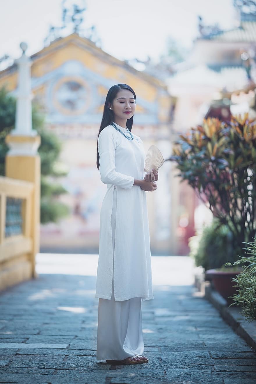vrouw, jong, traditionele klederdracht, model-, natuur, Vietnam