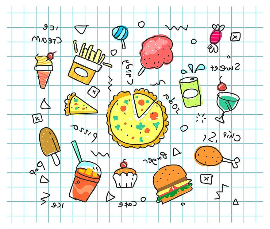 Farverig Doodle, soda, tegneserie, sæt, pommes frites, hurtig, spise, usund, pop, bøf, burger