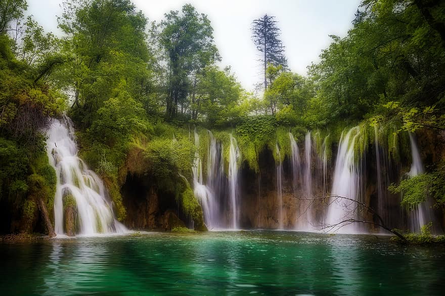 Croàcia, parc nacional de llacs de plitvice, cascada, naturalesa, bosc, color verd, aigua, paisatge, frescor, que flueix, arbre