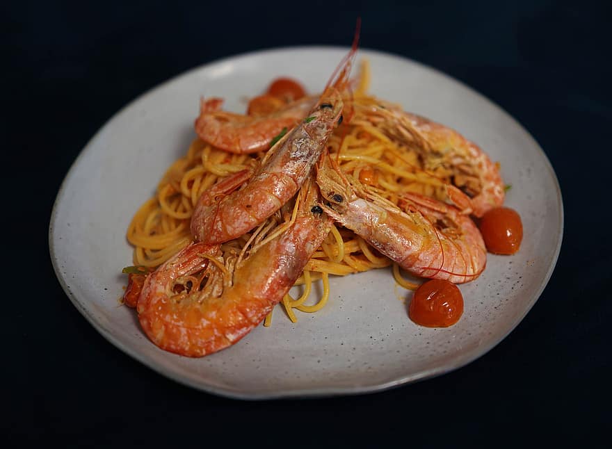 makaronai, krevetės, spageti, italų kalba, jūros gėrybės, restoranas