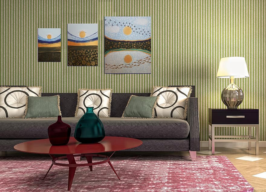 dzīvojamā istaba, interjera dizains, mēbeles, apdare, dīvāns, lampa, kafijas galdiņš, Akrila liešanas gleznas, gleznas, sienas, interjers