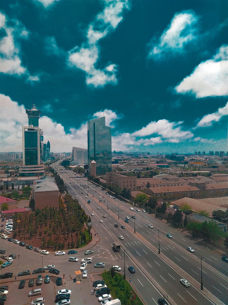 Baku, bygninger, by, Aserbajdsjan, himmel, skyer, hovedvei, Urban