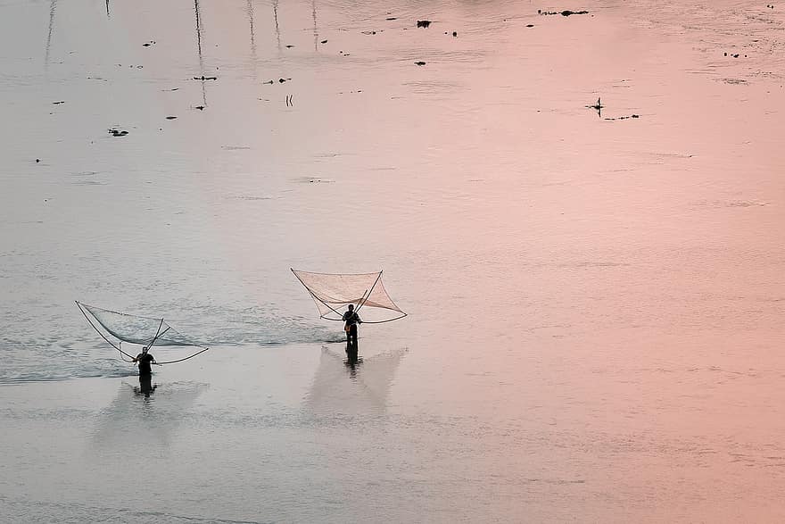 pescadores, redes, mar, costa, agua, plano de maré, luz de fundo, China