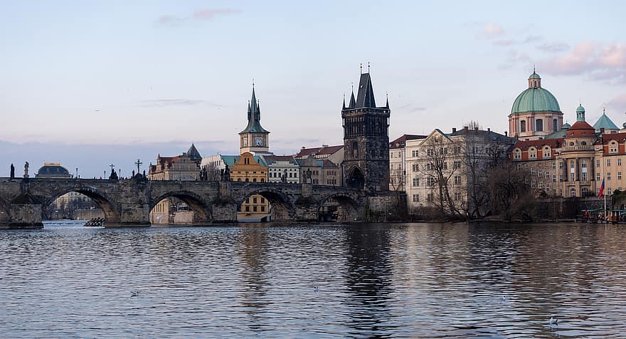 Чарлз Бридж, река, архитектура, панорама, чешки, Прага, небе, стар град, град, мост, Европа