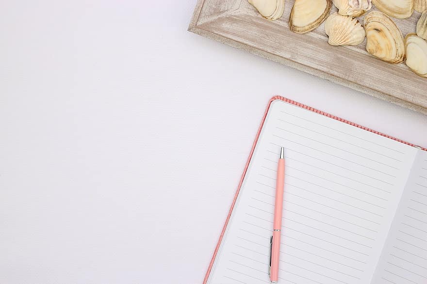 notebook, deník, kuličkové pero, napsat, lavice, flatlay, dřevo, papír, stůl, pozadí, jídlo