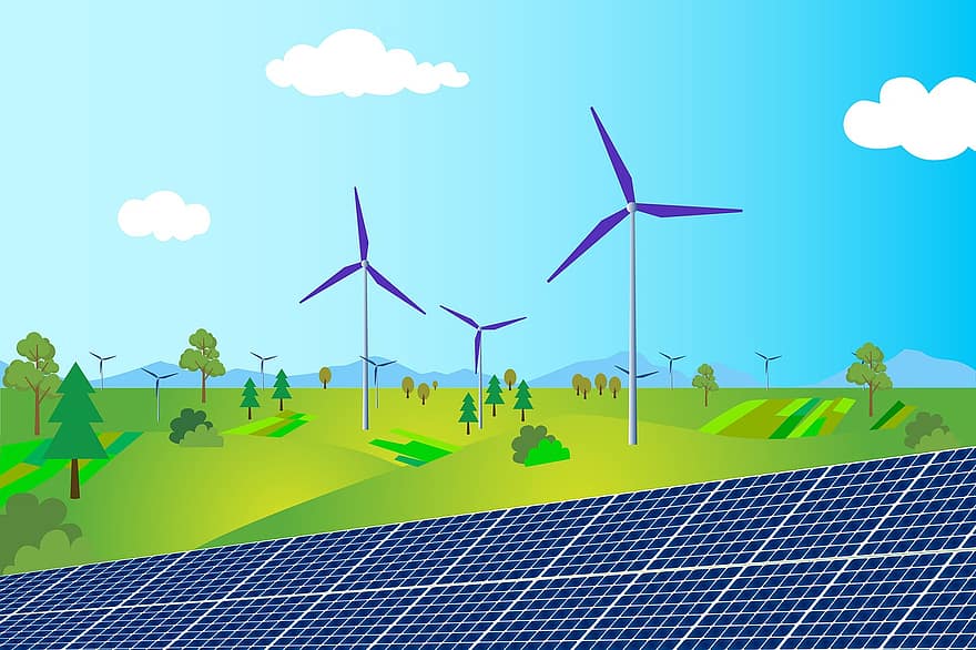 solární panely, solární energie, větrné mlýny, větrná farma, alternativní energie, obnovitelná energie, větrná energie, krajina