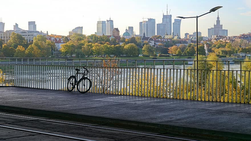 Bridge, River, Bicycle, Railway, Buildings, Autumn, cityscape, city life, architecture, yellow, water