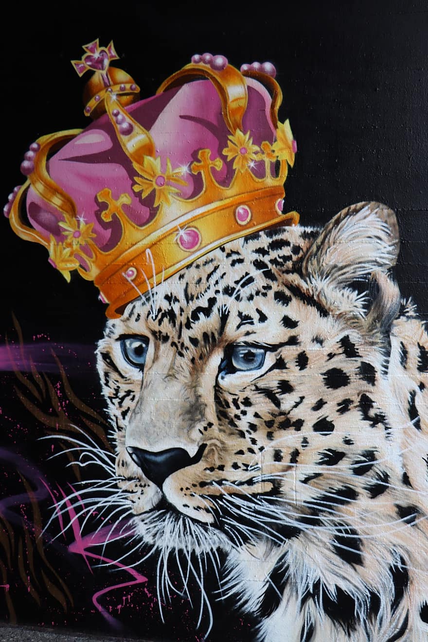 graffiti, stedelijke kunst, straatkunst, muurschildering, dieren in het wild, cheetah, kunst, dierenkop, katachtig, kroon, ongetemde kat