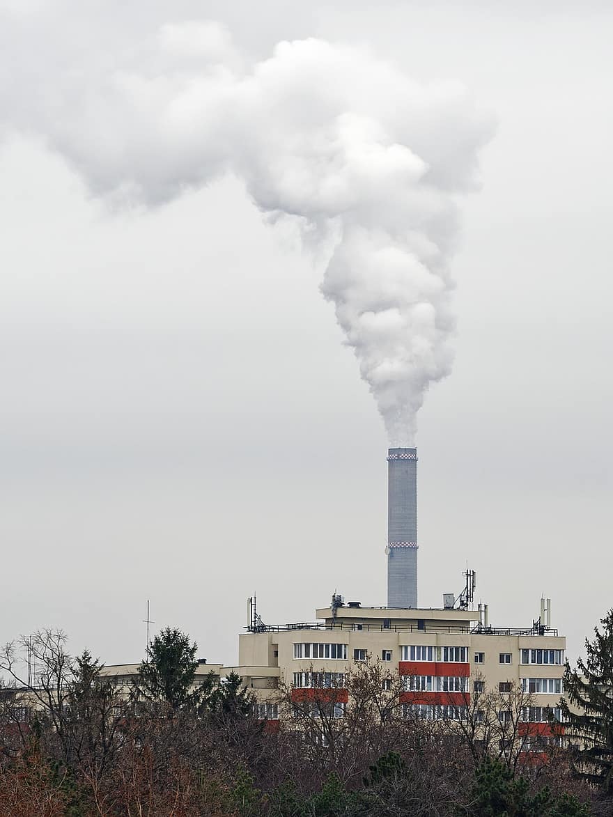 Building, Smoke, Steam, District Heating Furnace, Furnace, Sky, Atmosphere, pollution, factory, industry, fuel and power generation
