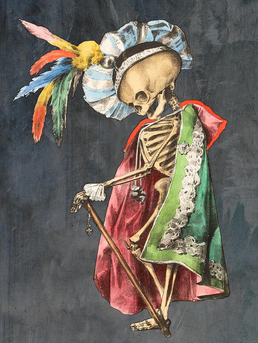 skelet, koning, prins, schedel, beenderen, dood, veren, heer, artwork, wijnoogst, retro