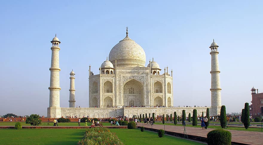 Indië, Agra, Taj Mahal, graf, mausoleum, marmeren, Islam, koepel, ivoorwit, monumentaal, toeristische attractie