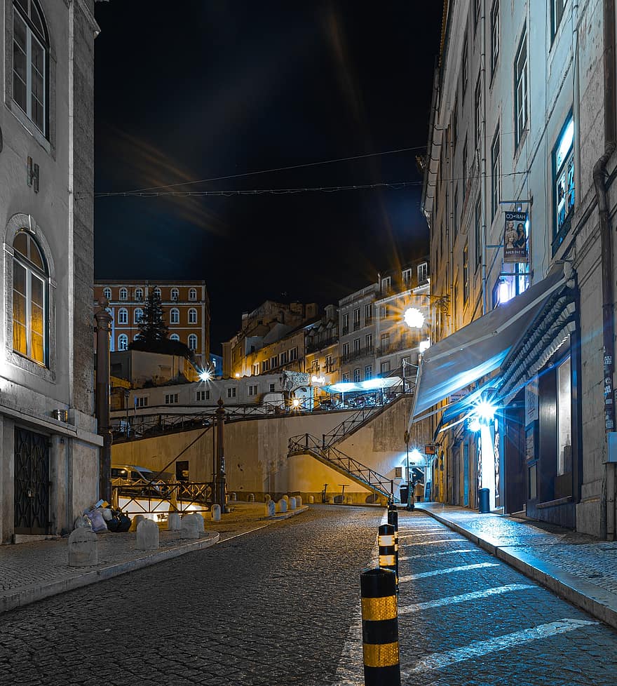 ciudad, calle, turismo, Lisboa, urbano, noche, arquitectura, paisaje urbano, iluminado, lugar famoso, oscuridad