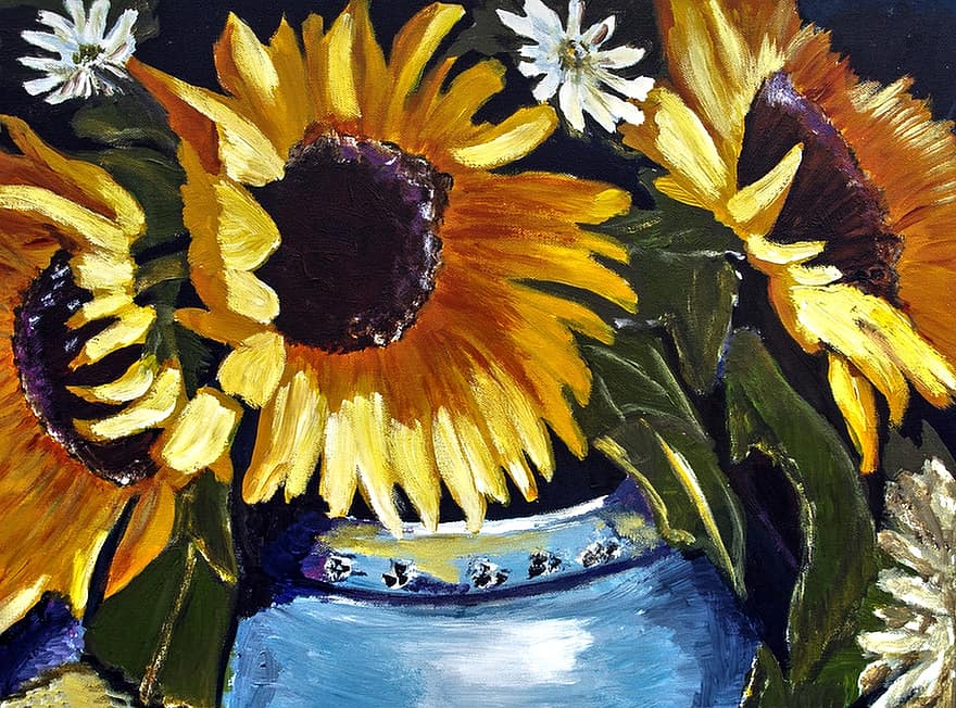 Рисувани слънчогледи, ярък, АКРИЛНА боя