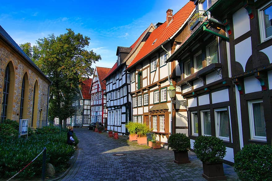 Gütersloh, clădiri, arhitectură, Germania, grindă cu zăbrele, case cu semilunghi