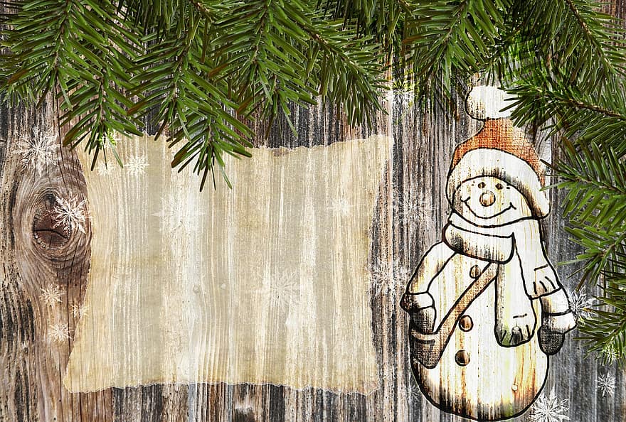 snögubbe, jul, gran grön, järnek, första advent, rustik, snöflingor, gratulationskort, trävägg, väggskivor, vinter-