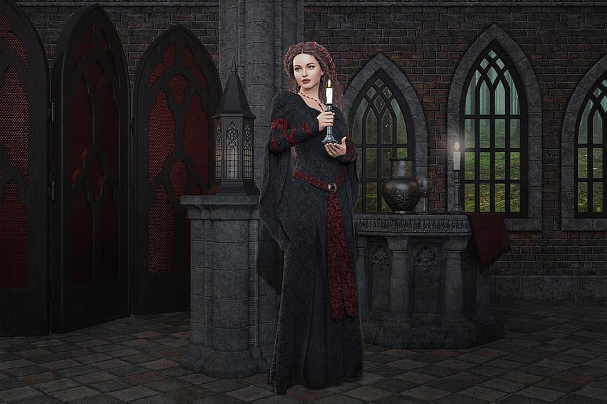 жена, свещ, средновековен, фантазия, олтар, замък