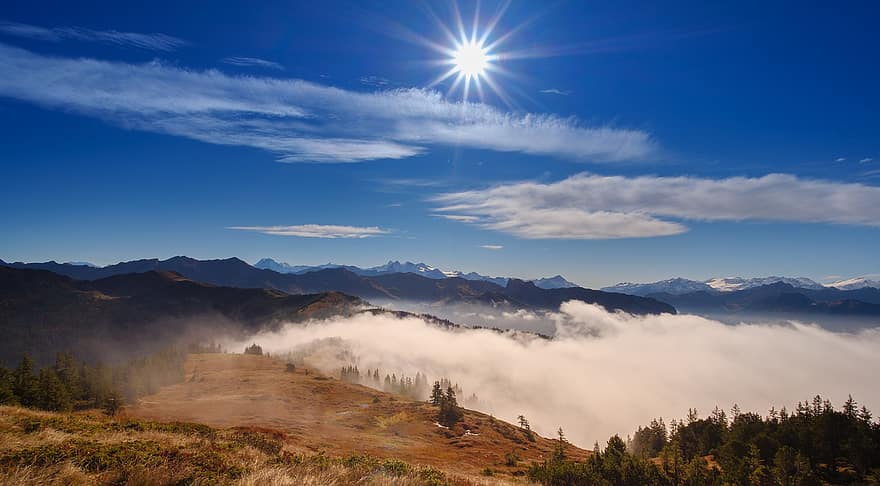планини, природа, мъгла, облаци, море от мъгла, пейзаж, връх, небе, слънце, Алпи, Швейцария
