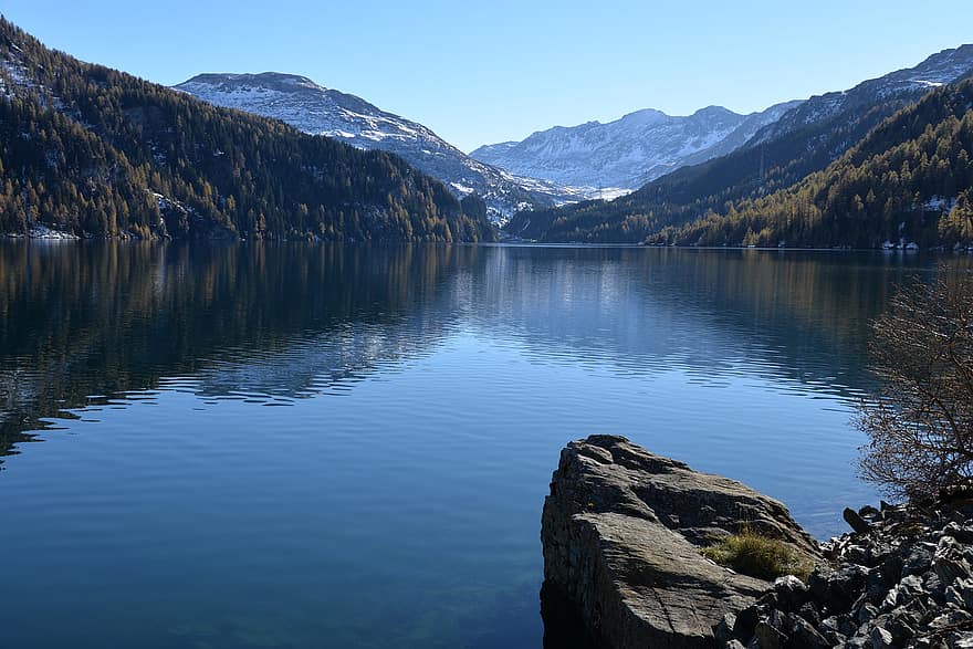 innsjø, fjellene, natur, vann, vannrefleksjon, fjellkjede, landsbygda, scenisk, snø, Marble Lake, Graubünden