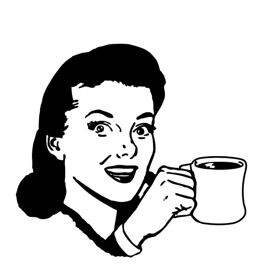 kvinna, kaffe, råna, kaffekopp, innehav, årgång, retro, kopp, person, vit, vuxen