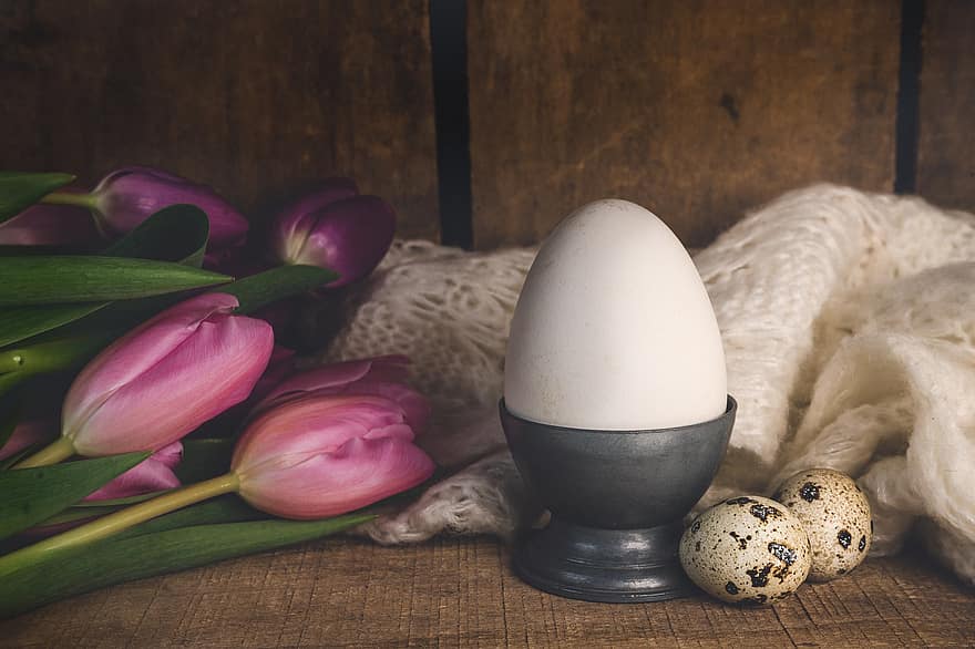 Egg, Tulips, Flowers, Easter, Spring, Holiday, tulip, wood, freshness, table, animal egg