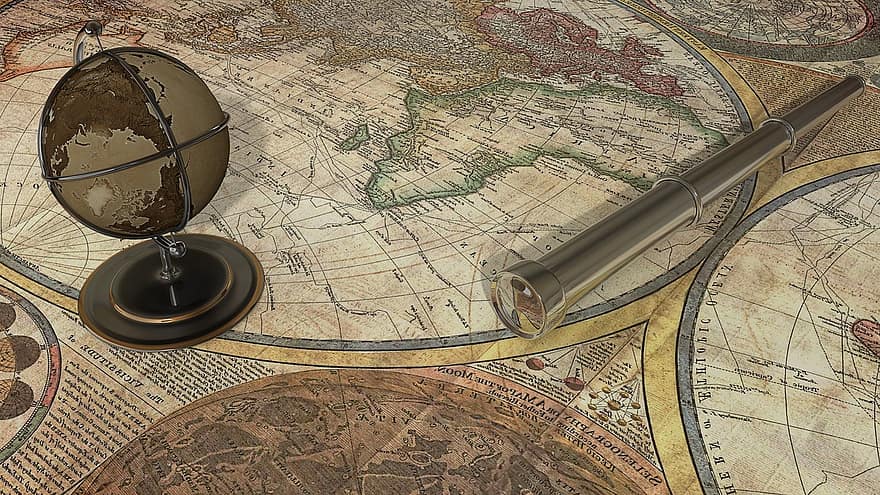 χάρτη του κόσμου, χάρτης, χαρτί, τηλεσκόπιο, ηπείρους, σφαίρα, γη, στιλπνότητα, καφέ γη, Brown World, καφέ χαρτί