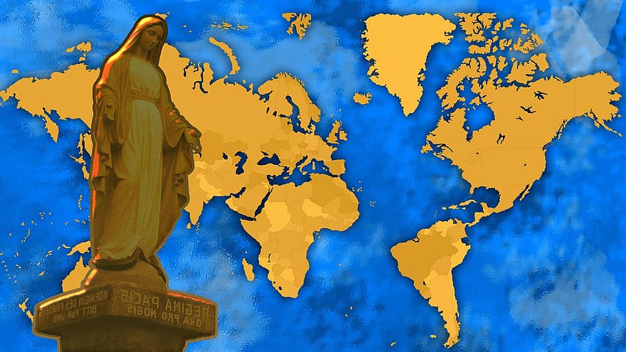 verdensfreden, Religion, jomfru Maria statue, fred, bønn, blå, kart, reise, verdenskart, illustrasjon, Afrika