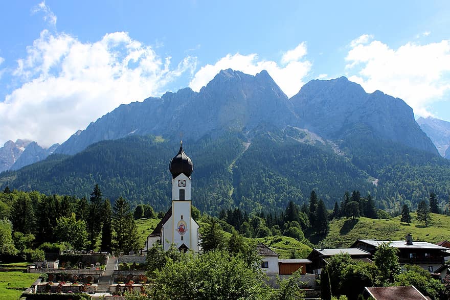 viagem de trem, Igreja, perspectiva, aldeia, aldeia bávara, paisagem montanhosa