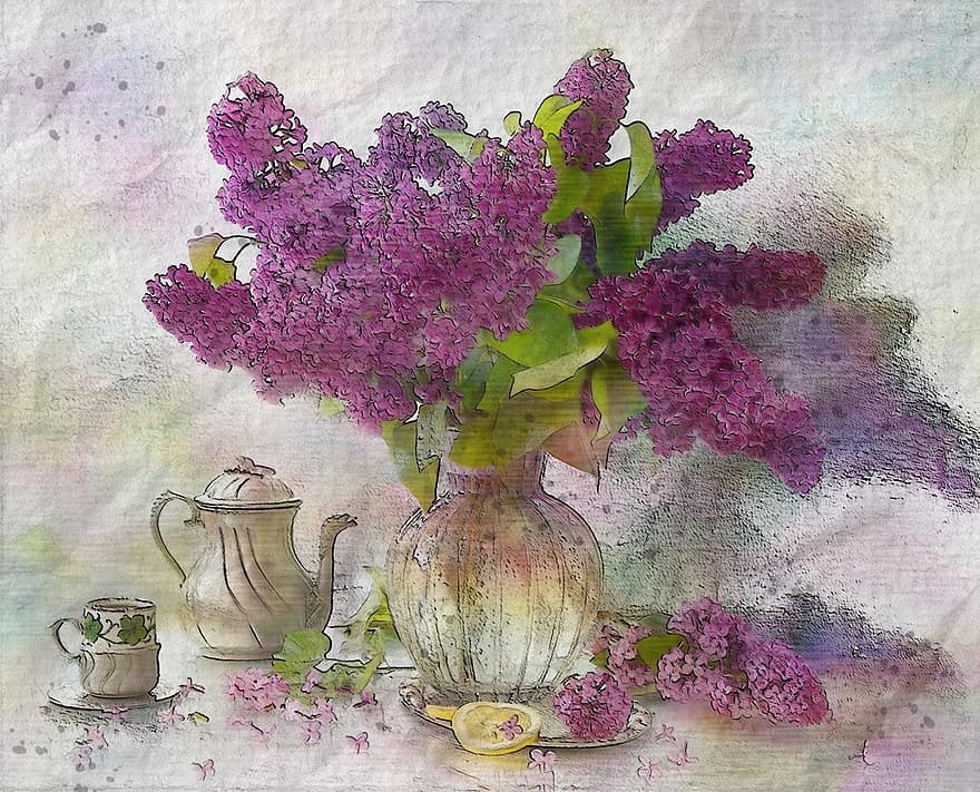 квітка, ваза, скло, Китай, чай, чашка, фрукти, пелюстка, фіолетовий, критий, цифровий