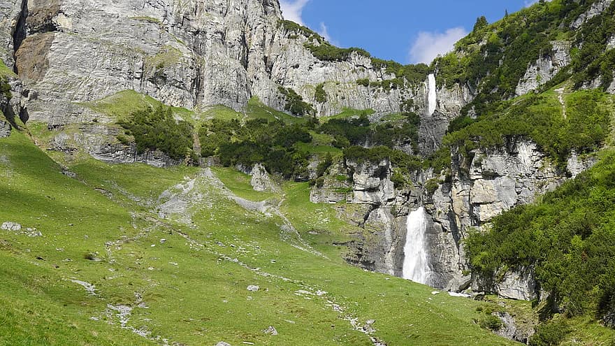 Waterfall, Mountain, Pasture, Landscape, Land, Spring, Foothills, Grass, Nature, Rural, summer