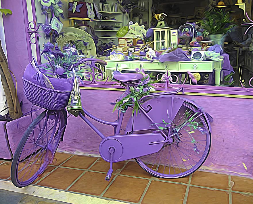 pyörä, kuva, myymälä, taide, polkupyörä, vuosikerta, värit, retro, vanha, kuljetus, sykli