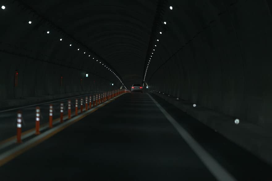 トンネル、高速道路、車、夜、旅行、道路、通り、交通手段、トラフィック、消失点、建築