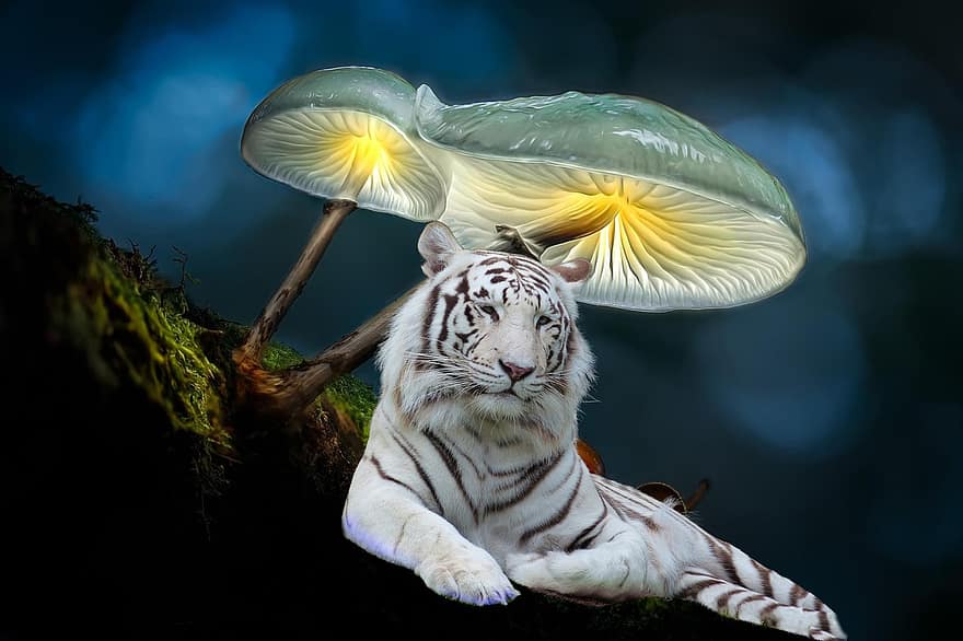 грибы, белый тигр, фантастика, тигр, животное, живая природа, свет, пылать, лес