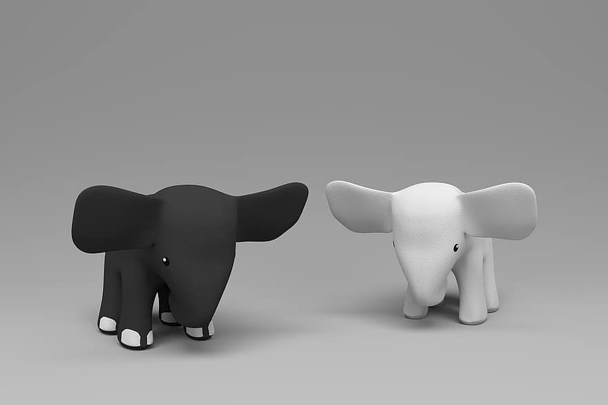 코끼리, 흰 코끼리, 검은 코끼리, 두 마리의 코끼리, 밝은 배경, 장난감