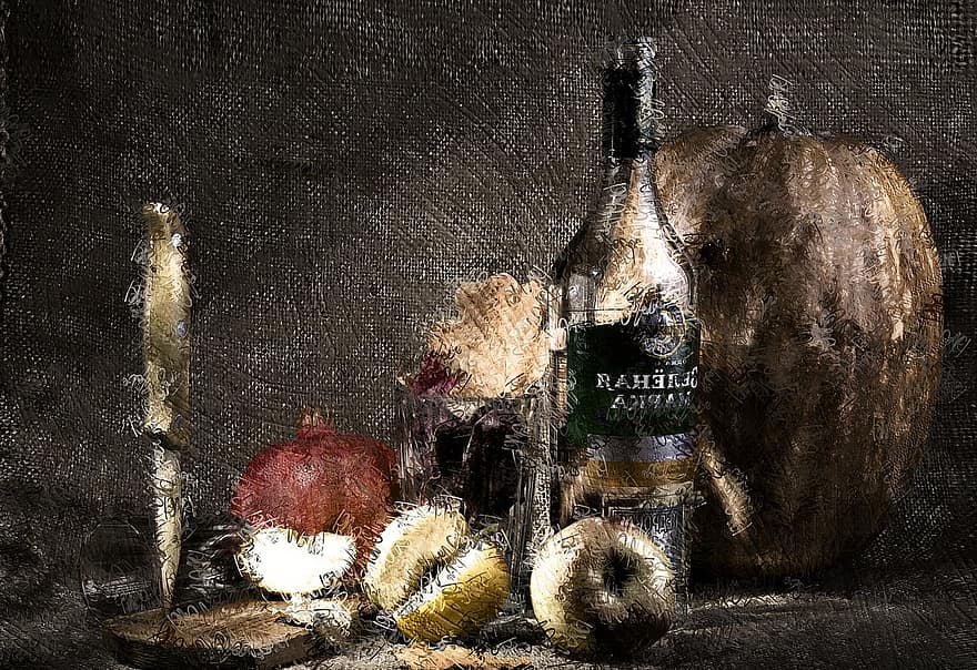 бутылка, нож, тыква, яблоки, листья, фрукты, осень, питание, картина, натюрморт, фотоискусство