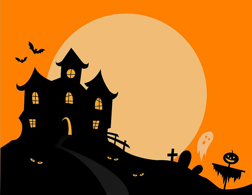 rumah berhantu, halloween, berhantu, mengerikan, menyeramkan, liburan, hantu, Oktober, musim gugur, kelelawar, labu