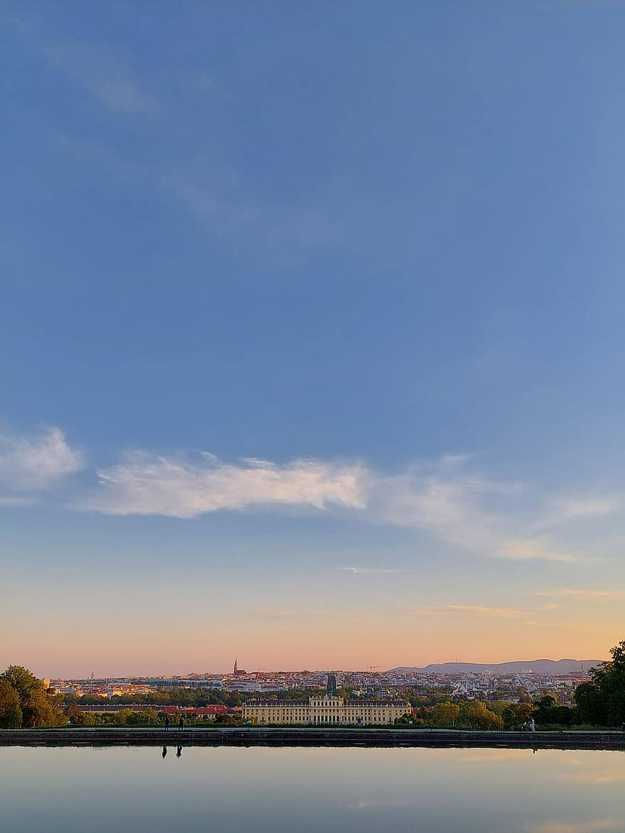 Su, Schönbrunn, görünüm, gün batımı, Mavi gökyüzü, Viyana