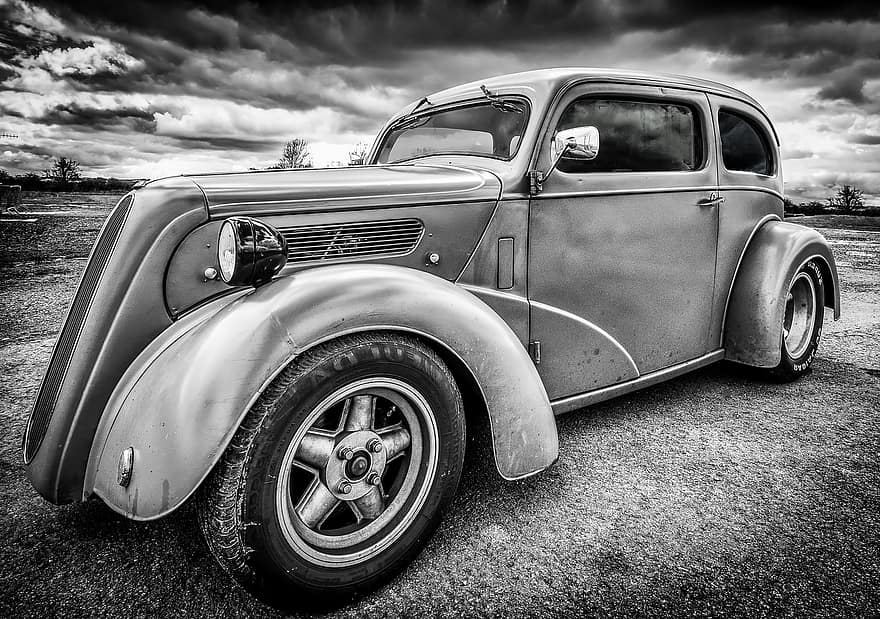 Ford Populer, mobil, Arsitektur, Inggris, murung, hitam dan putih, mobil tua, uk, vintage, kuno, chrome