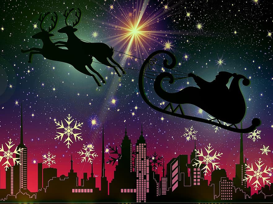 ニコラス、トナカイ、滑り台、飛行、シティ、シルエット、クリスマス、星、出現、雰囲気、12月