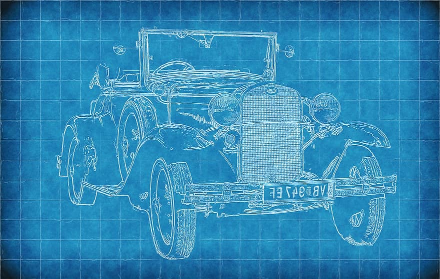 Car, Old Car, Blueprint, Paper, Lines, Art, Draw, Artistic, Blue Car, Blue Paper, Blue Art