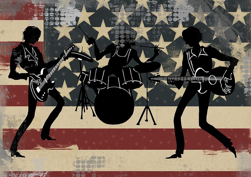 amerikansk, usa, bånd, silhouette, trommer, flagg, gitar, elektrisk, stein, konsert, parti