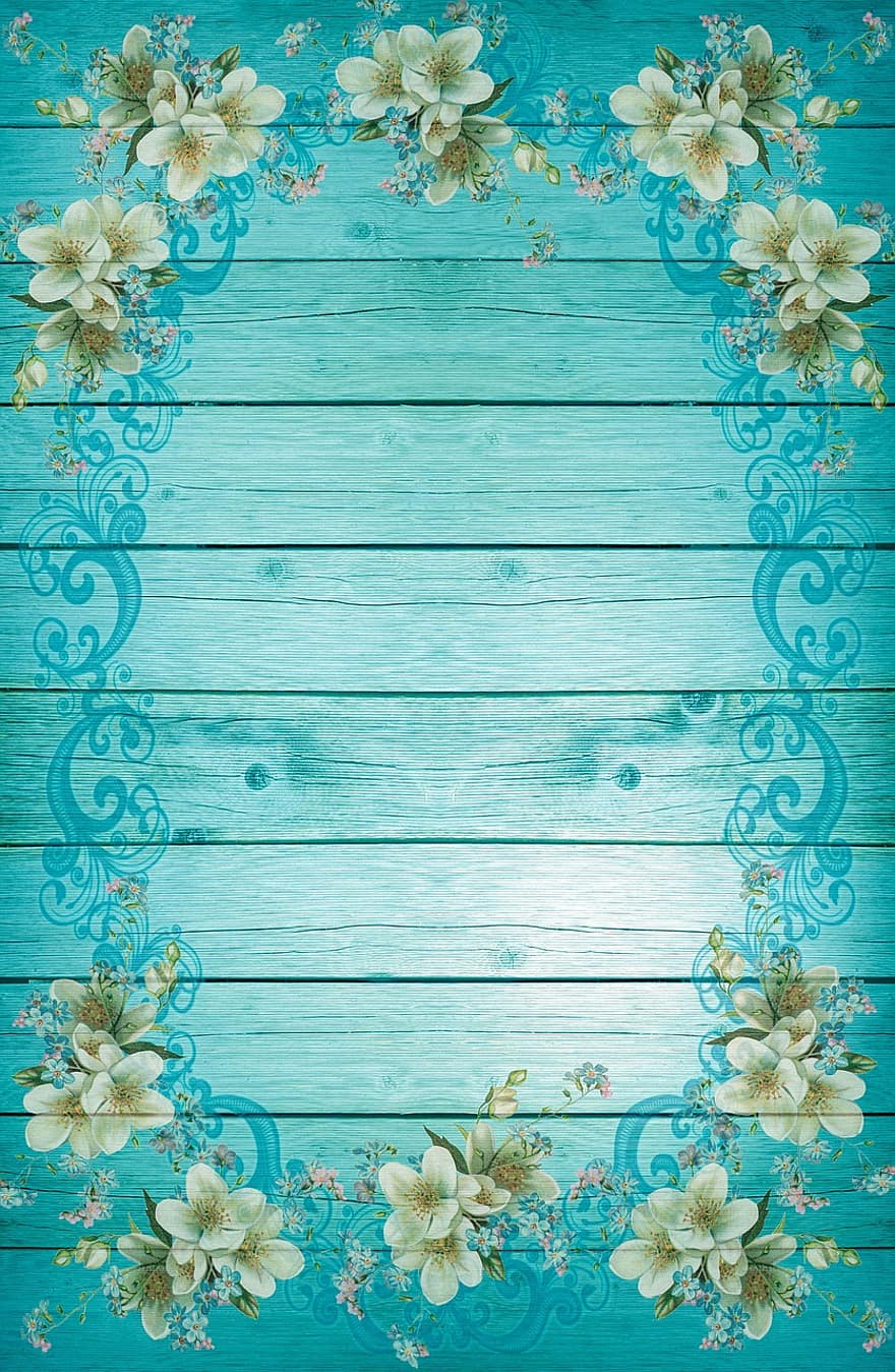 turquesa, azul, quadro, Armação, flores, fundo, fresco, verão, na madeira, parede de madeira, decoração, madeira