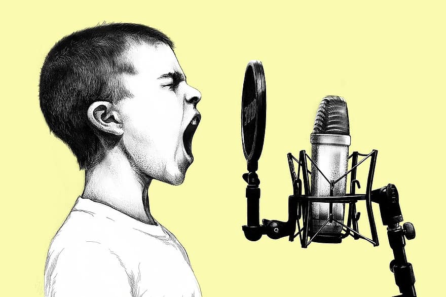 ragazzo, microfono, urlare, bambino, cantare, maschio, prestazione, suono, mic