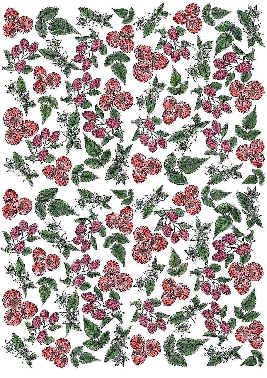 Raspberry, Pattern, Background, Wallpaper, Berry, Fruit, Leaves, Nature, Ornament, Decorative, Textile