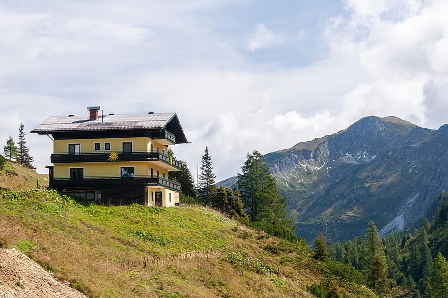 Ausztria, ház, hegyek, salzburg, építészet, tájkép, természet, hegy, fű, nyári, vidéki táj