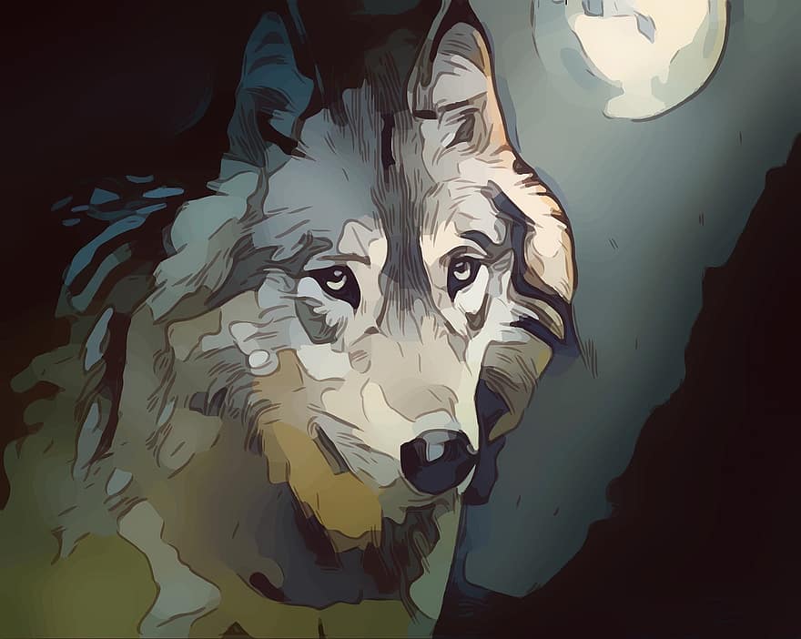 vlk, plný, měsíc, fantazie, zvíře, divoký, temný, noc, dravec, vlkodlak, savec